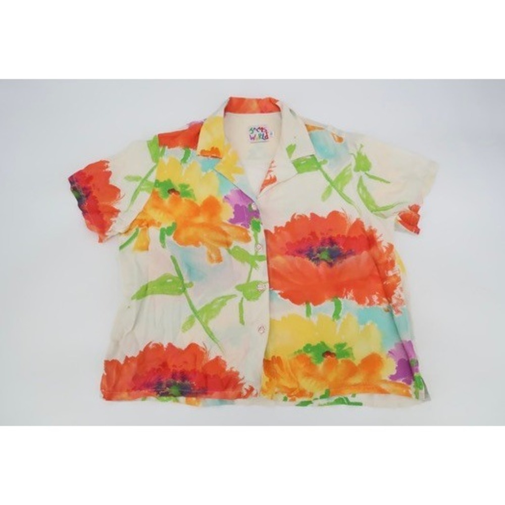 Vintage Jams World Button Up Shirt Women's Small Multicolor Floral Short Sleeve